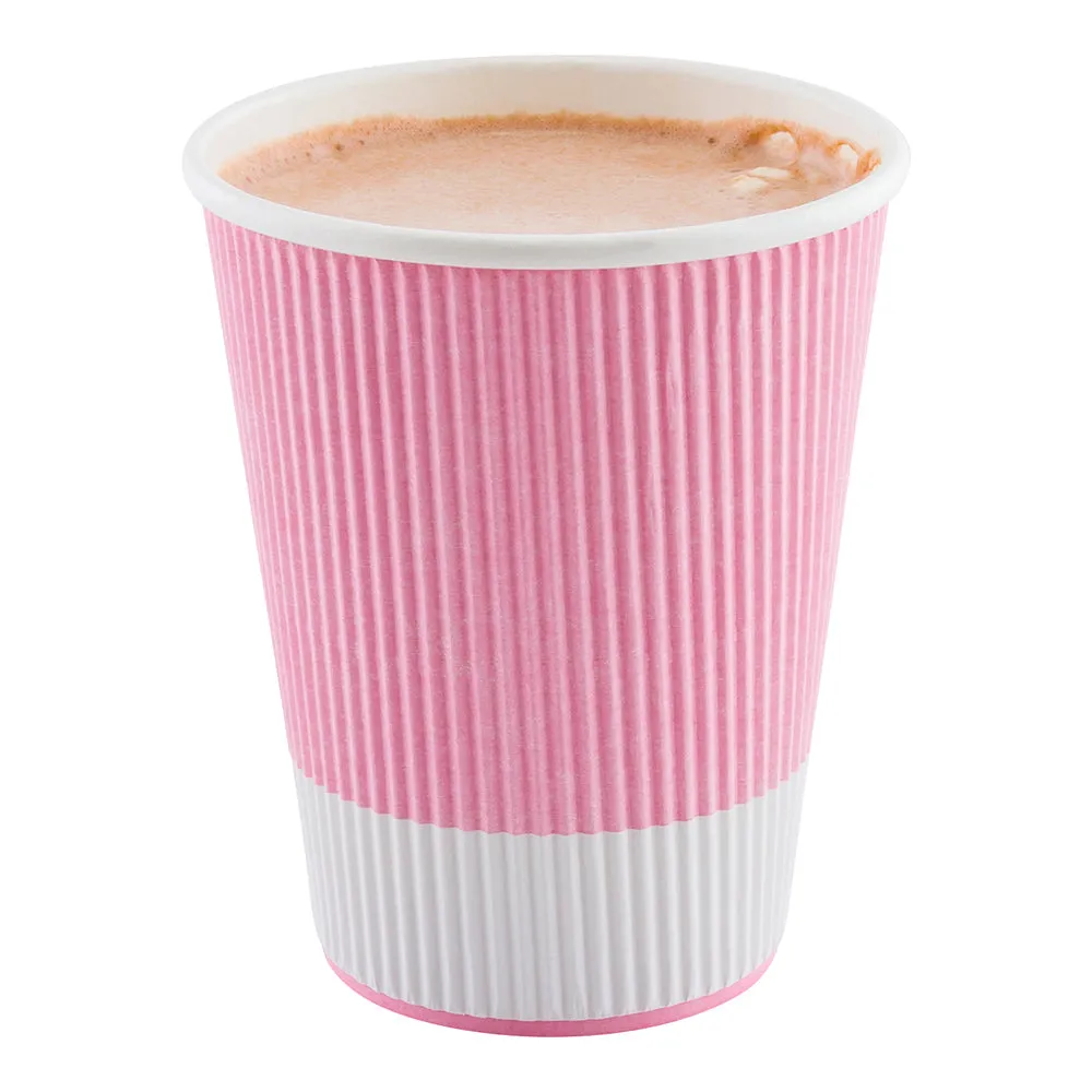 12 oz Light Pink Paper Coffee Cup - Ripple Wall - 3 1/2" x 3 1/2" x 4 1/4" - 25 count box