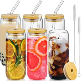 20 Oz Drinking Glasses with Bamboo Lids and Glass Straw - 6 Pcs Can Shaped Glass Cups Beer & Ice Coffee Glasses Cute Tumbler Cup Great for Soda Boba Tea Cocktail Include 2 Cleaning Brushes