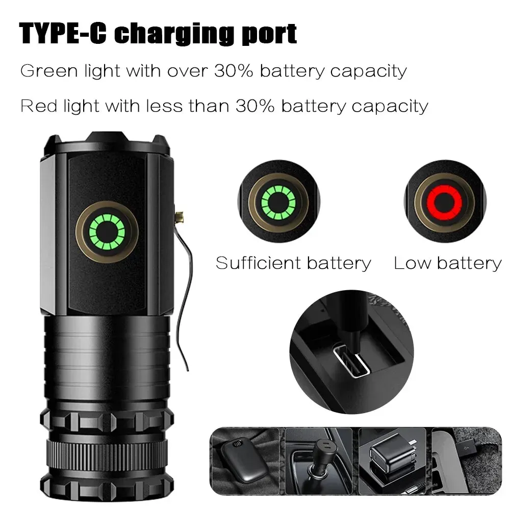 2000LM Powerful LED Flashlight Super Bright Mini EDC Keychain Light USB Rechargeable Torch Camping Lantern with Power Indicator