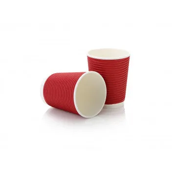 250ml Ripple Paper Coffee Cup Ripple Horizontal Red with Black Sip Lid 10pack