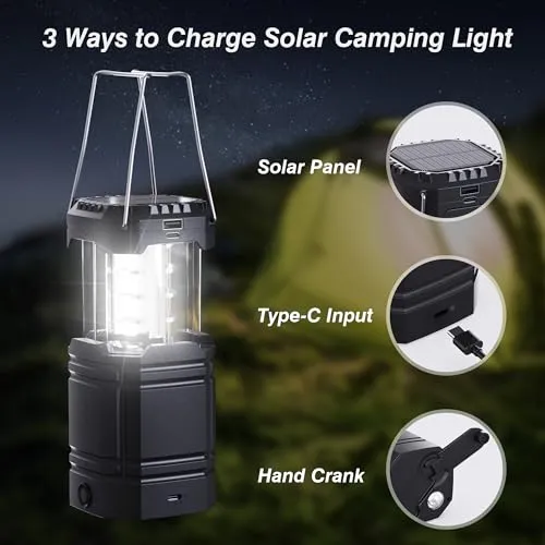 3000 Large Capacity Hand Crank Solar Camping Lantern, Portable Ultra Bright LED Torch, 23-26 Hours Running Time, USB Charger, Electronic Lantern for Outdoor