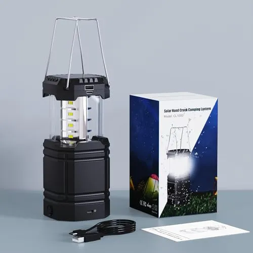 3000 Large Capacity Hand Crank Solar Camping Lantern, Portable Ultra Bright LED Torch, 23-26 Hours Running Time, USB Charger, Electronic Lantern for Outdoor