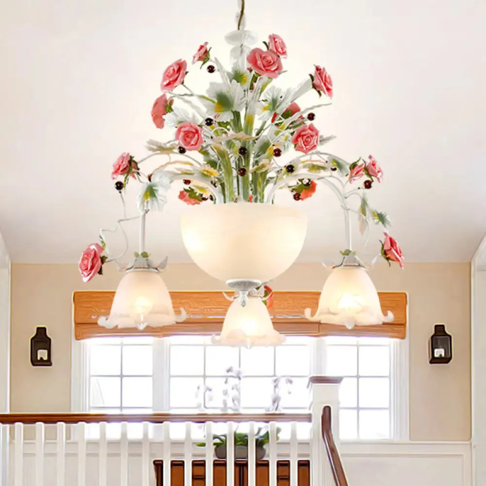 5-Head Milk Glass Chandelier: Stylish Countryside Flower Suspension Lamp for Stairs