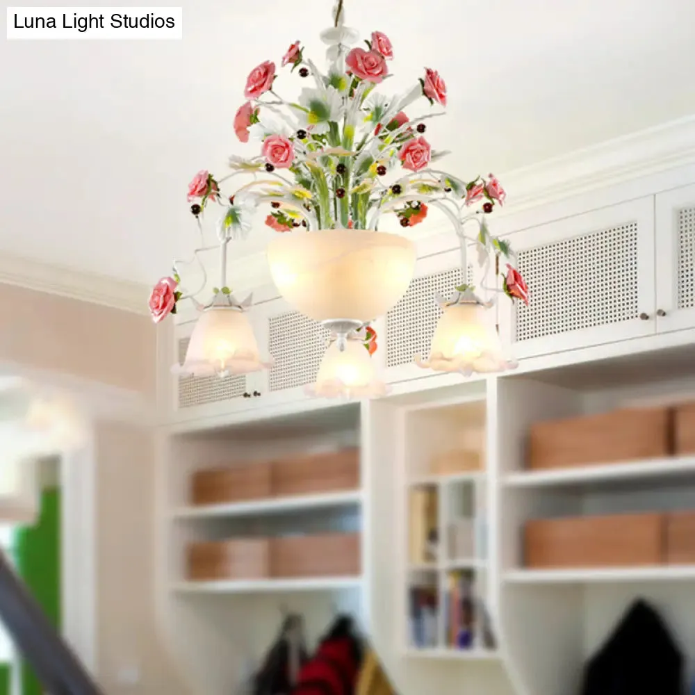 5-Head Milk Glass Chandelier: Stylish Countryside Flower Suspension Lamp for Stairs