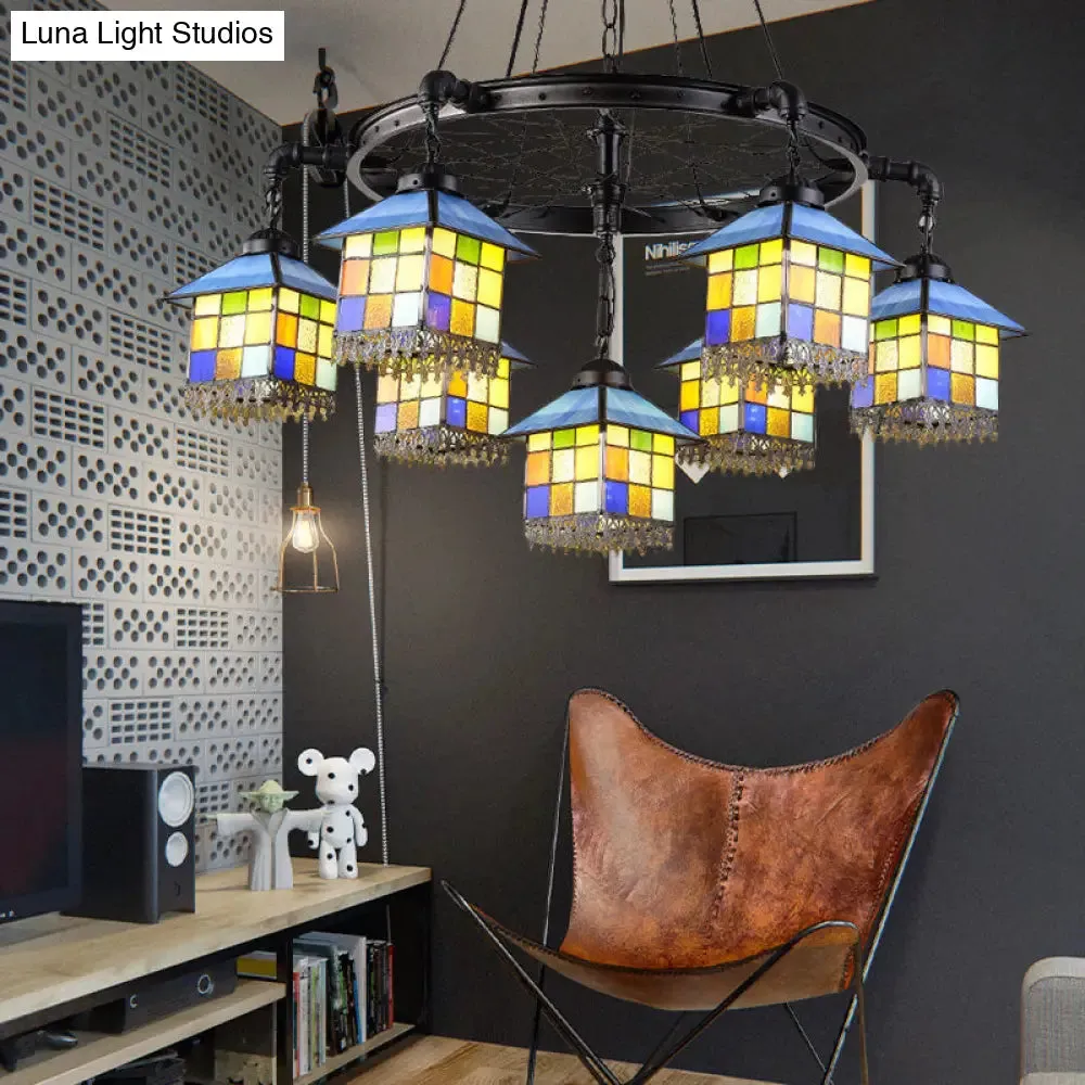 7-Light Lodge Chandelier with Colorful Glass Shades and Black Wheel for Library