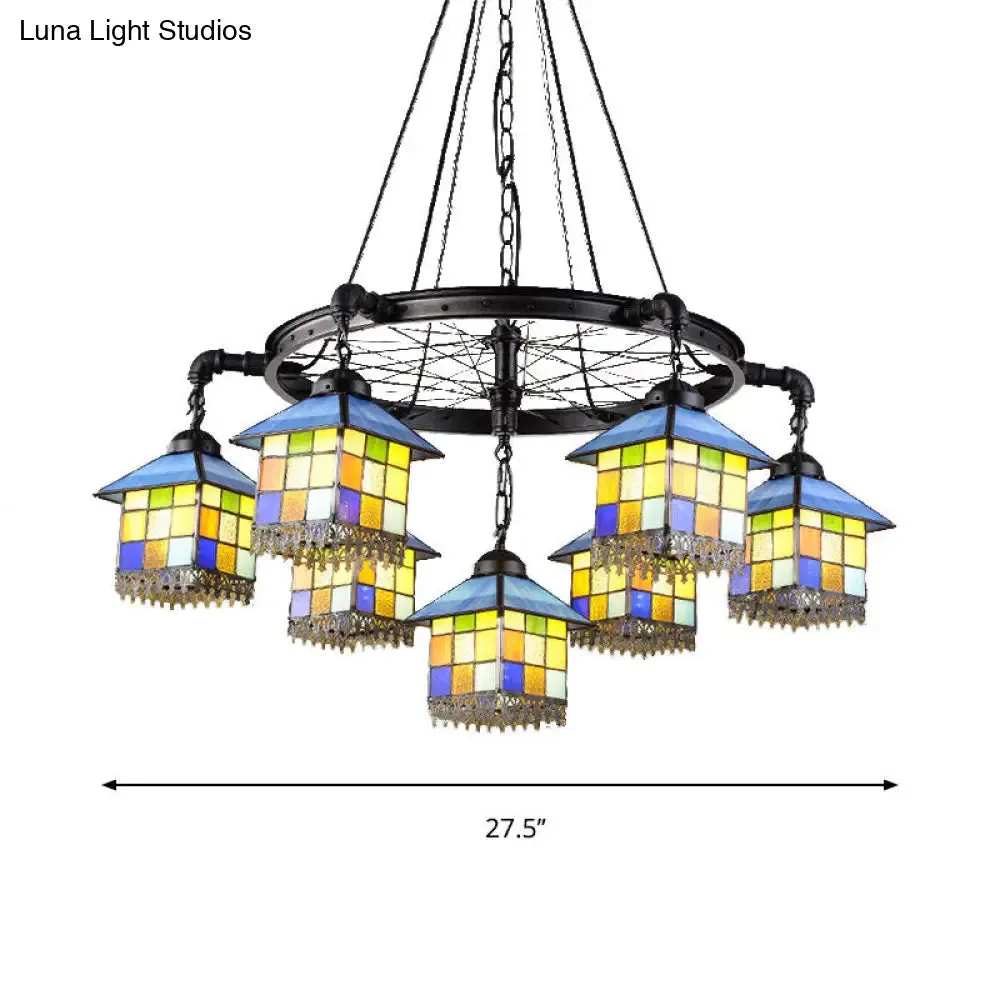 7-Light Lodge Chandelier with Colorful Glass Shades and Black Wheel for Library