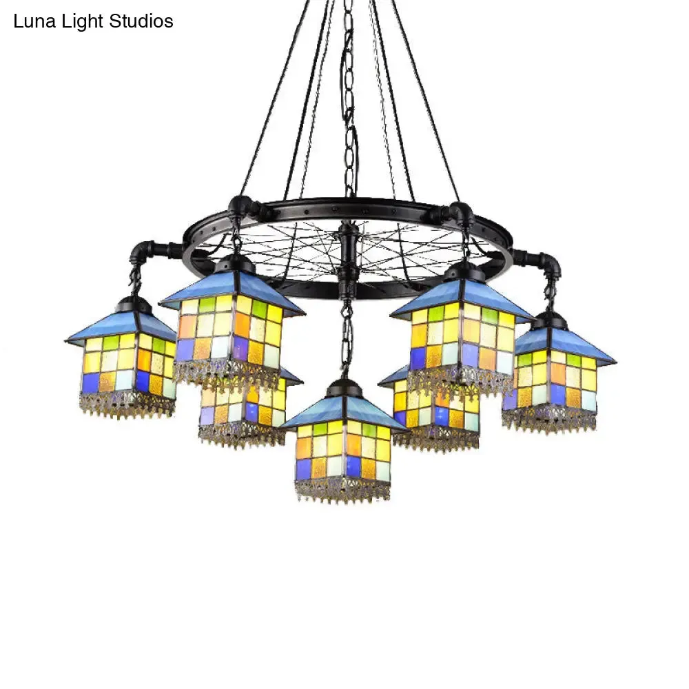 7-Light Lodge Chandelier with Colorful Glass Shades and Black Wheel for Library