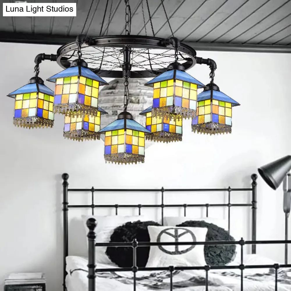 7-Light Lodge Chandelier with Colorful Glass Shades and Black Wheel for Library