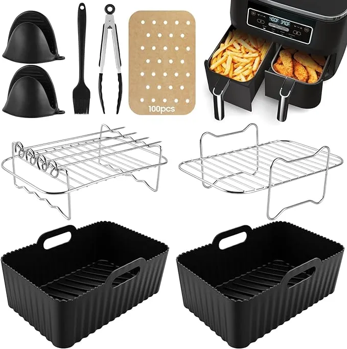 Air Fryer Rack and Accessory Pack 12 PCS | Silicone Air Fryer Liner Kit | 12 PCS Air Fryer Accessories Kit for Ninja Dual AF400UK & AF300UK & Tower T17088 | Reusable Air Fryer Liners & Air Fryer Rack Accessory