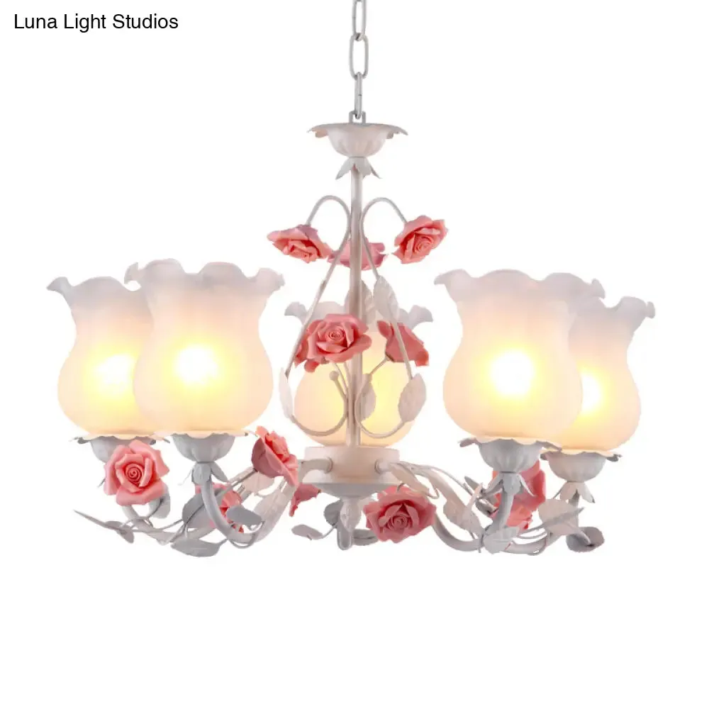 American Garden Flower Chandelier Light - 5-Light White Pendant Ceiling Fixture with Frosted Glass for Kids Room