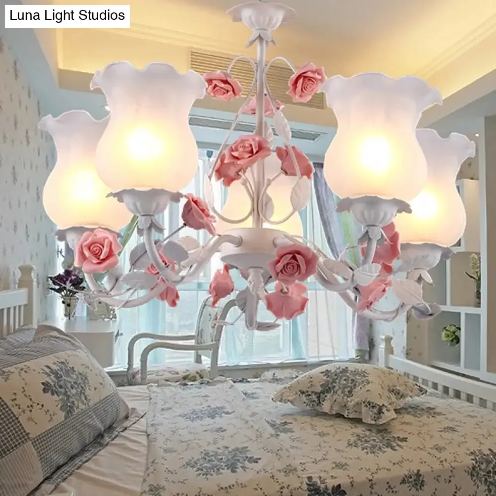 American Garden Flower Chandelier Light - 5-Light White Pendant Ceiling Fixture with Frosted Glass for Kids Room