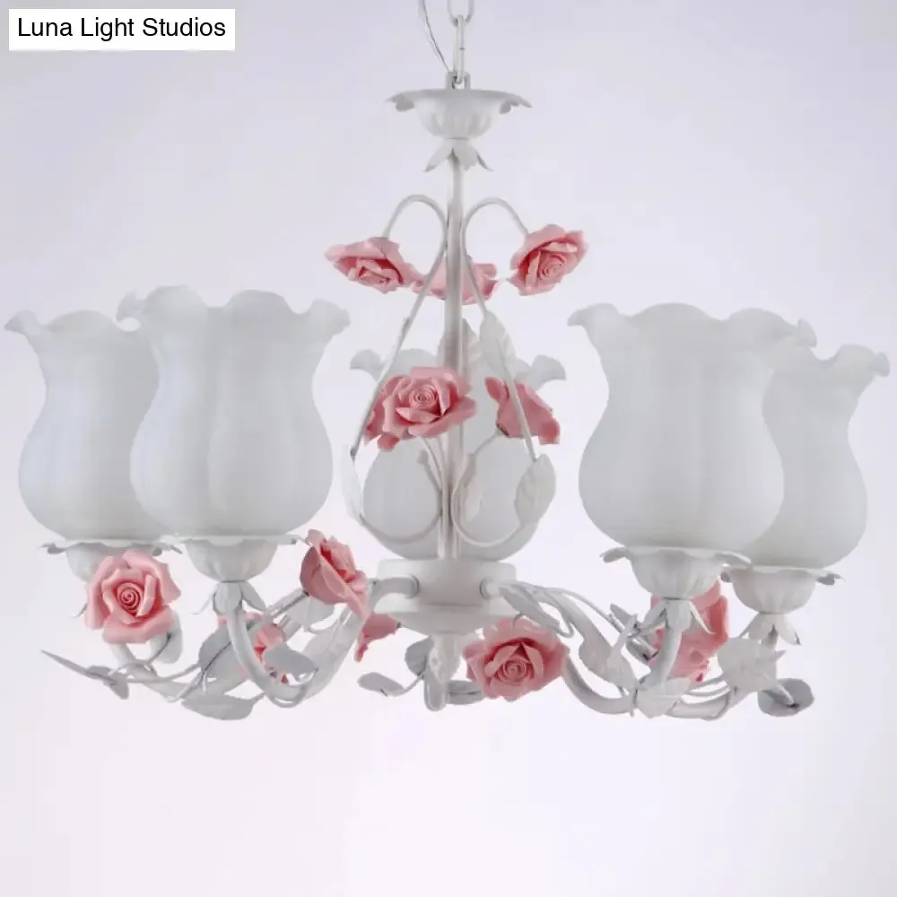 American Garden Flower Chandelier Light - 5-Light White Pendant Ceiling Fixture with Frosted Glass for Kids Room