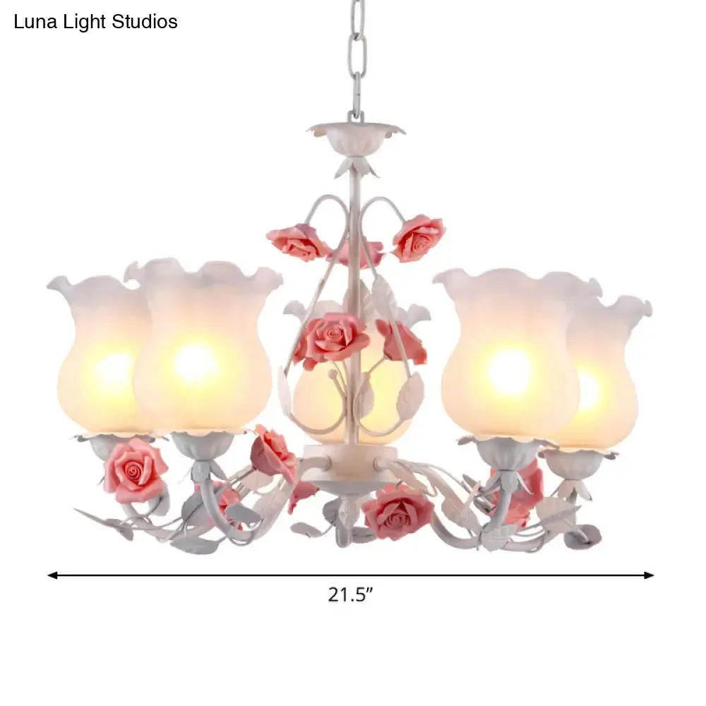 American Garden Flower Chandelier Light - 5-Light White Pendant Ceiling Fixture with Frosted Glass for Kids Room