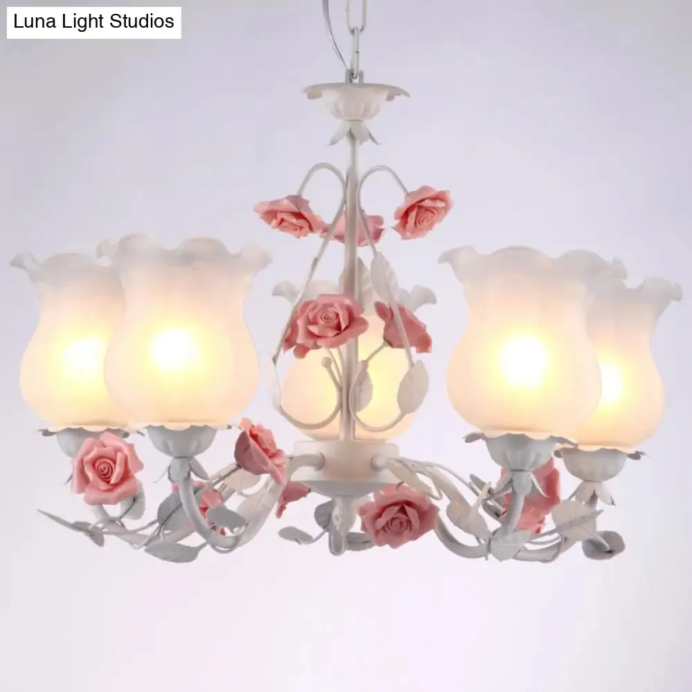 American Garden Flower Chandelier Light - 5-Light White Pendant Ceiling Fixture with Frosted Glass for Kids Room