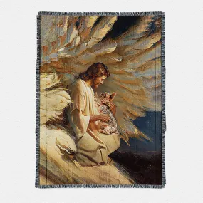 Angel Wings Little Yorkshire Terrier Jesus Painting Woven Throw Boho Blanket - Christian Woven Throw Blanket Prints - Bible Verse Woven Throw Blanket Art