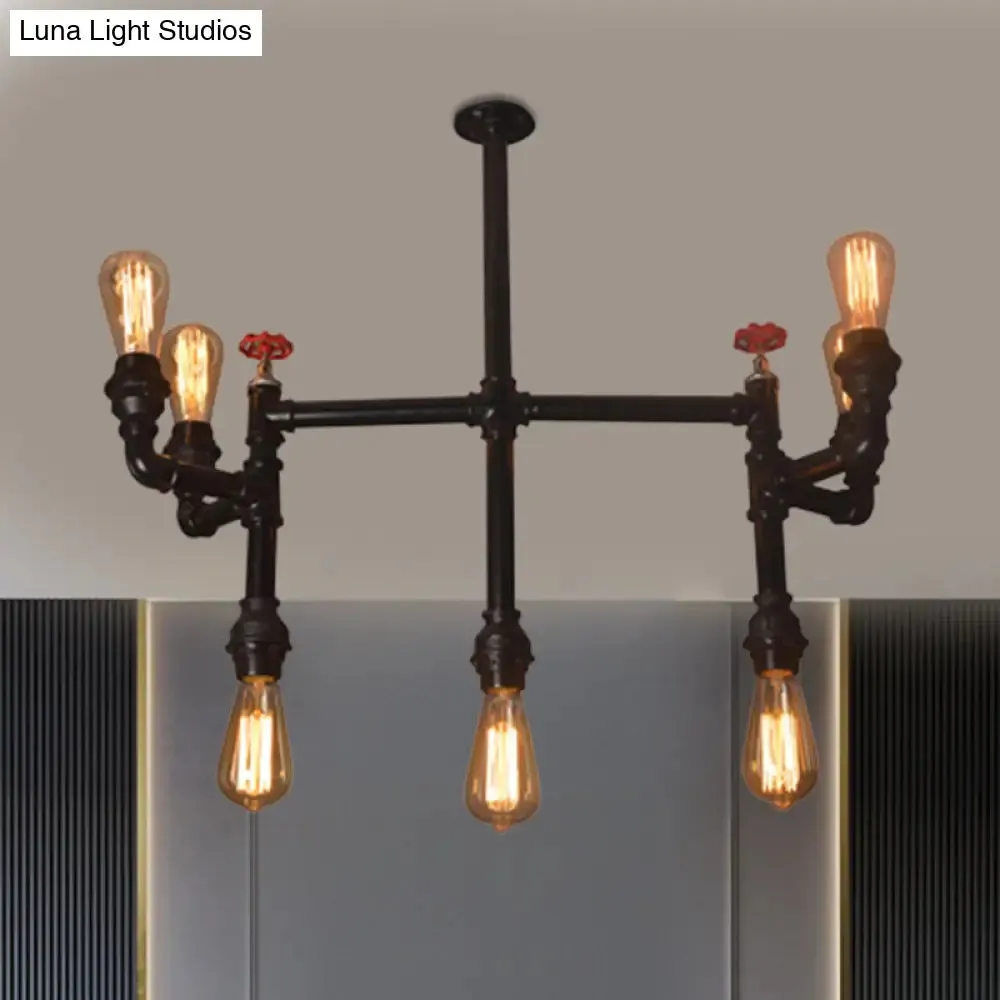 Antique Style Water Pipe Hanging Pendant Light with 7 Bulbs, Metallic Chandelier Lighting - Black with Red Valve