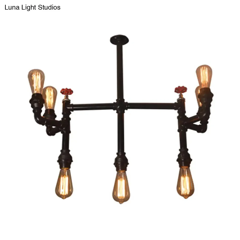 Antique Style Water Pipe Hanging Pendant Light with 7 Bulbs, Metallic Chandelier Lighting - Black with Red Valve