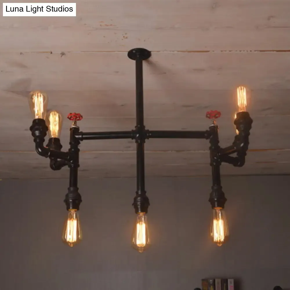 Antique Style Water Pipe Hanging Pendant Light with 7 Bulbs, Metallic Chandelier Lighting - Black with Red Valve