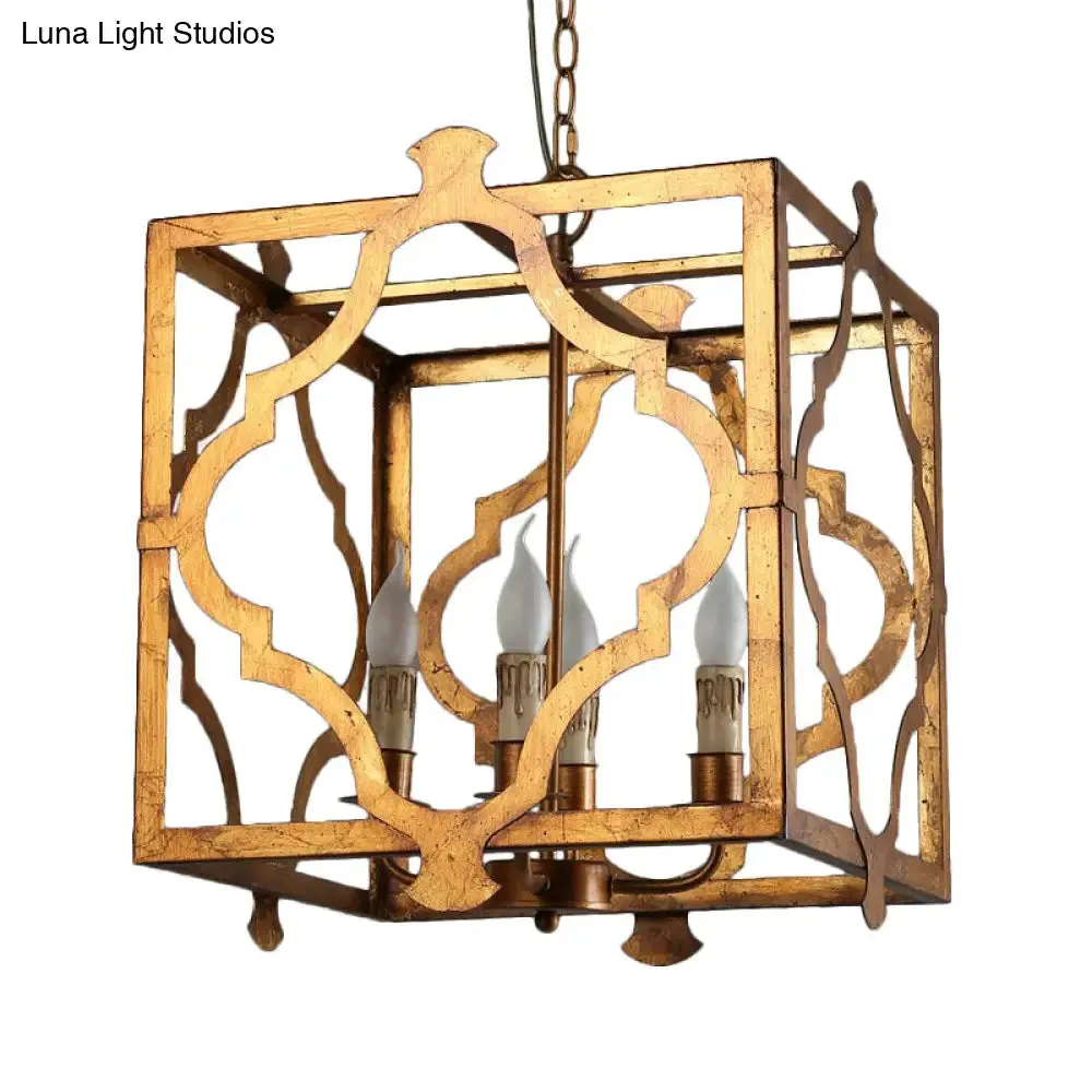 Antiqued Cube Cage Chandelier with 4 Lights - Brown Metal Candelabra Hanging Light Fixture