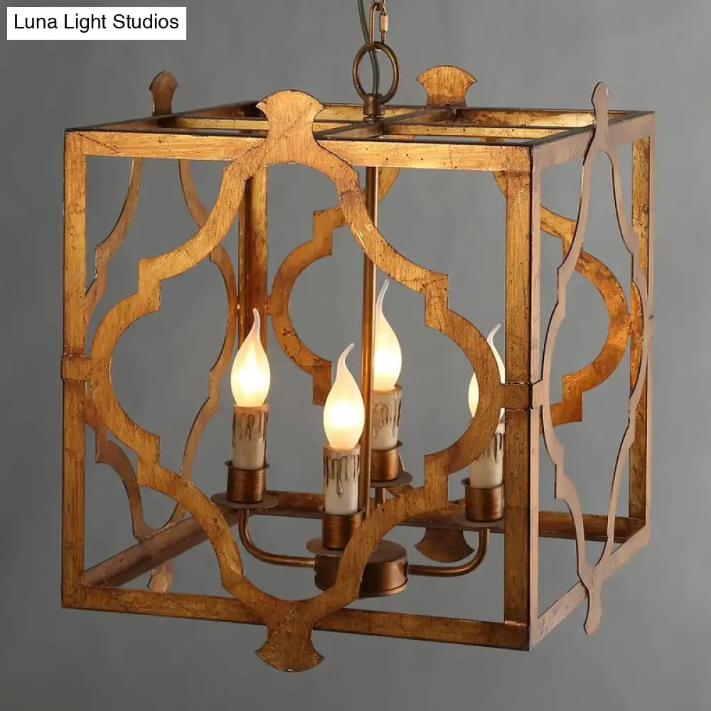 Antiqued Cube Cage Chandelier with 4 Lights - Brown Metal Candelabra Hanging Light Fixture