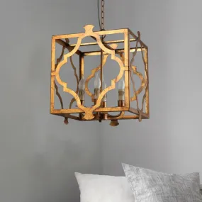 Antiqued Cube Cage Chandelier with 4 Lights - Brown Metal Candelabra Hanging Light Fixture