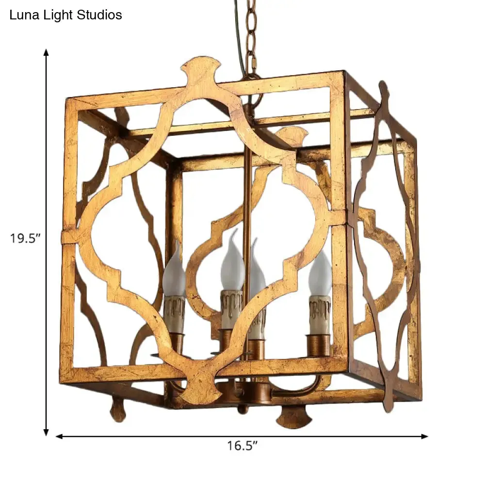 Antiqued Cube Cage Chandelier with 4 Lights - Brown Metal Candelabra Hanging Light Fixture