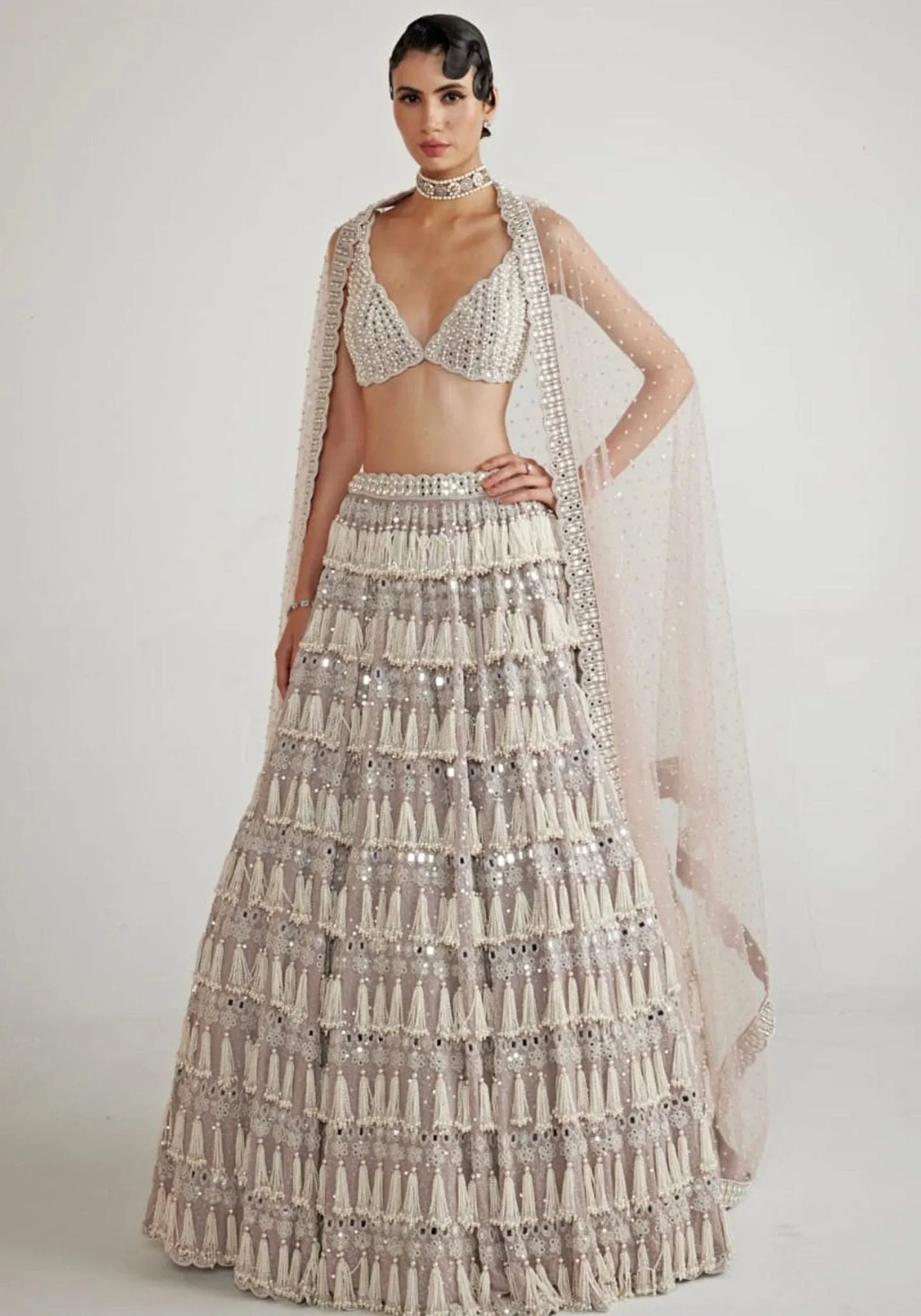 Ash Pink Chandelier Pearl Drop Lehenga Set