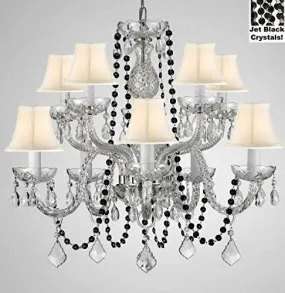 Authentic All Crystal Chandelier Chandeliers Lighting With Jet Black Crystals And White Shades Perfect For Living Room Dining Room Kitchen Kid'S Bedroom H25" W24" - G46-B80/Cs/Whiteshades/1122/5 5