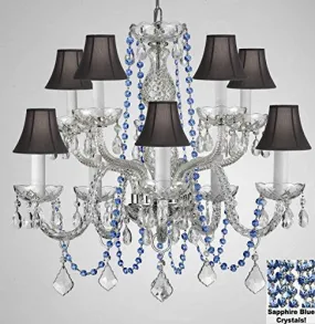 Authentic All Crystal Chandelier Chandeliers Lighting With Sapphire Blue Crystals And Black Shades Perfect For Living Room Dining Room Kitchen Kid'S Bedroom H25" W24" - G46-B82/Cs/Blackshades/1122/5 5