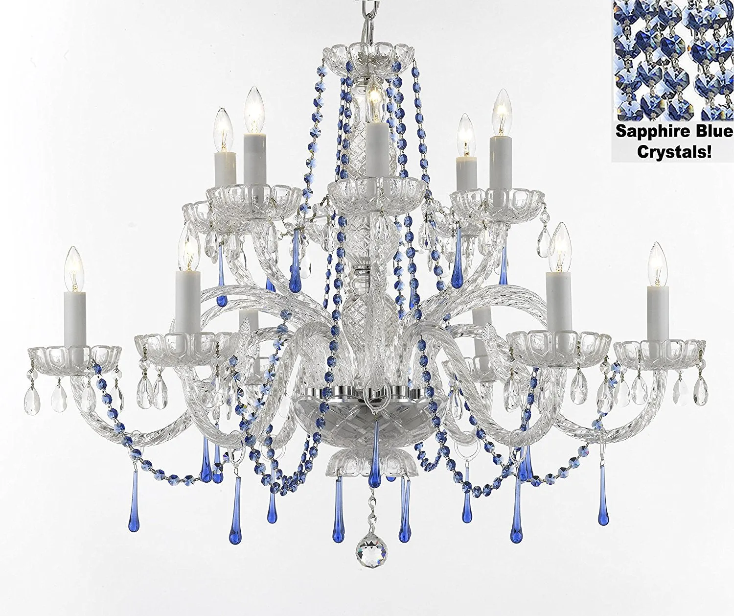 AUTHENTIC ALL CRYSTAL CHANDELIER CHANDELIERS LIGHTING WITH SAPPHIRE BLUE CRYSTALS PERFECT FOR LIVING ROOM, DINING ROOM, KITCHEN H32" W27" - A46-B82/387/6 6