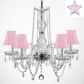 Authentic Empress Crystal(Tm) Chandelier With Crystal Stars H25" X W24" - Nursery Kids Girls Bedrooms Kitchen Etc With Pink Shades - G46-Pinkshades/B38/384/5