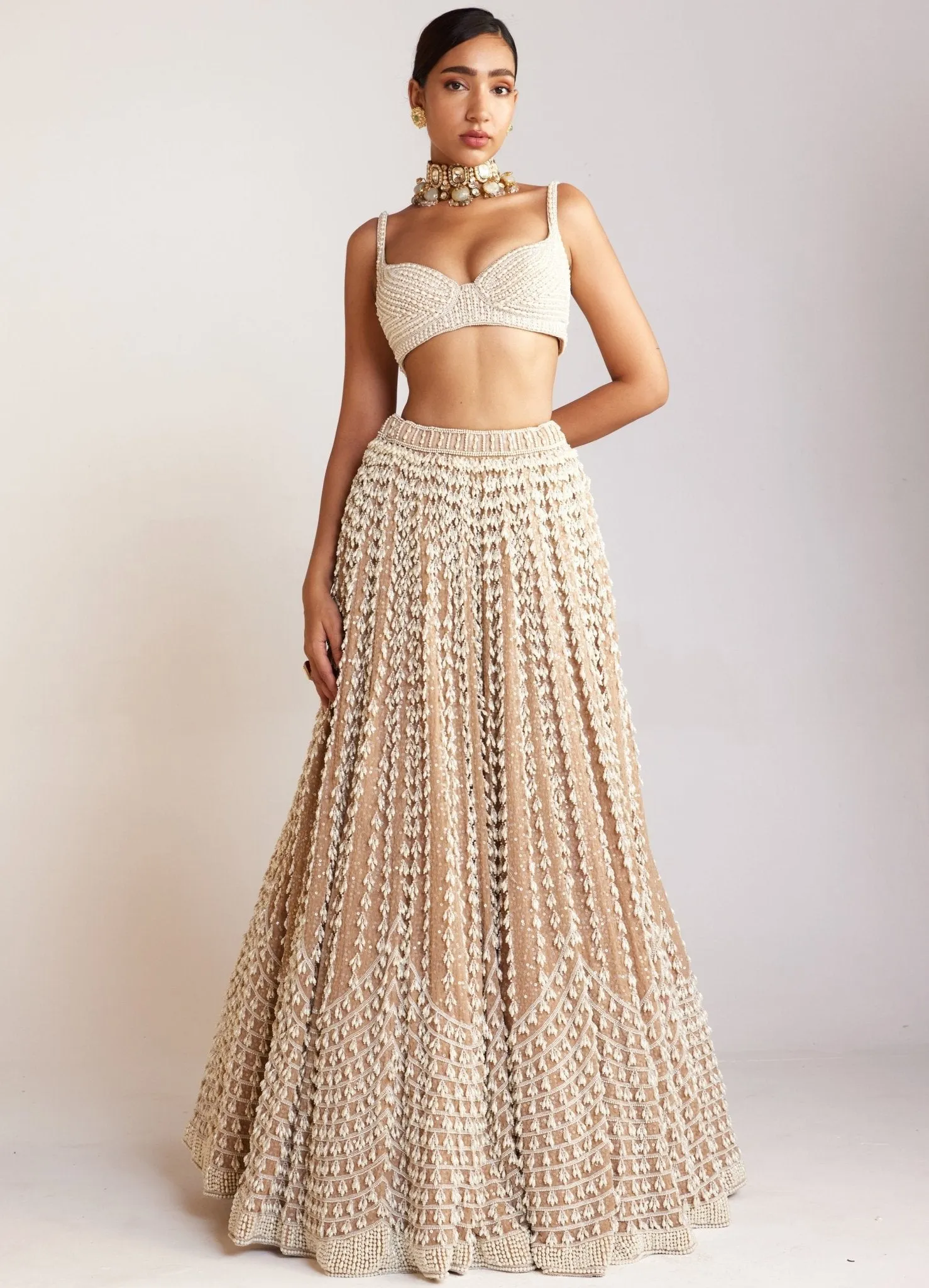 Beige Chandelier Pearl Lehenga Set With Sleeveless Blouse