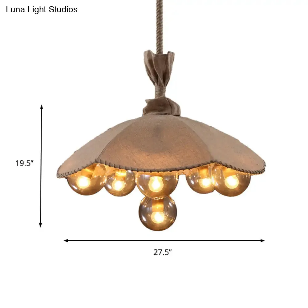 Beige Scalloped Pendant Light: Lodge Chandelier with 6 Fabric Heads & Glass Ball Shade