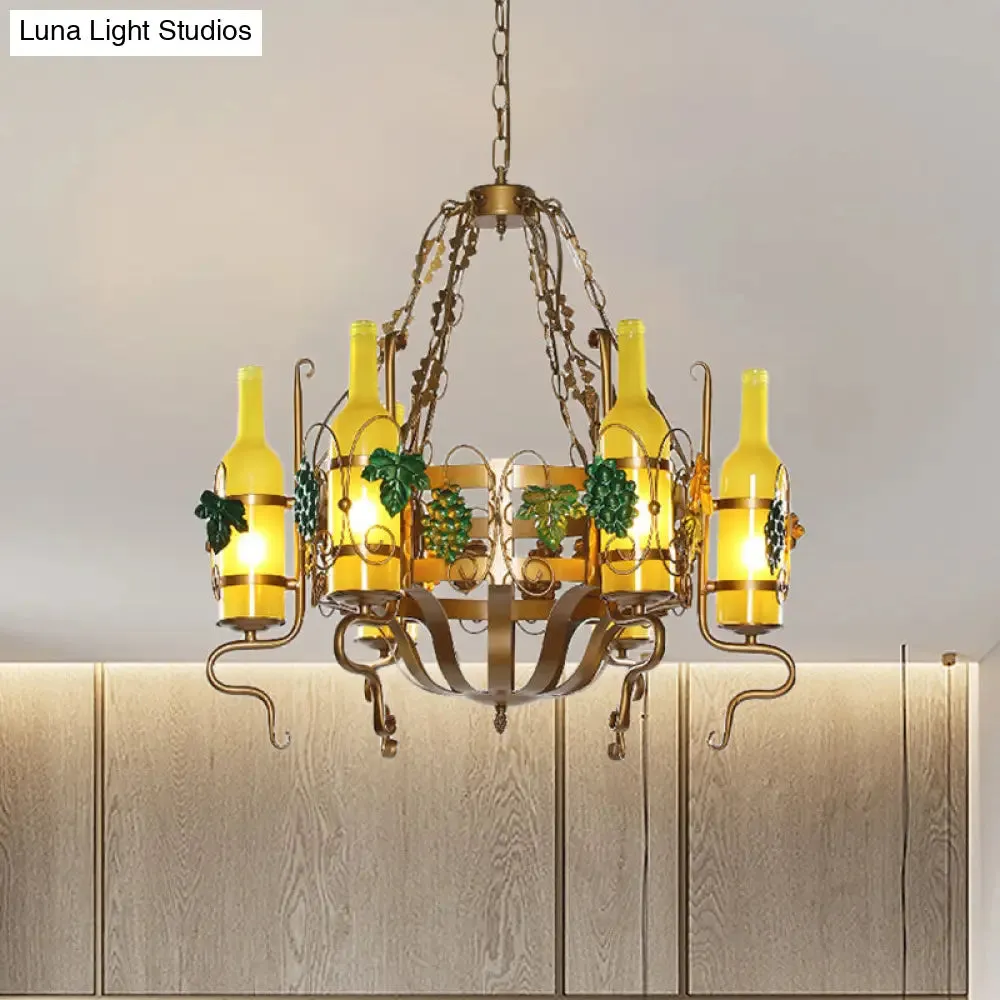 Bistro Chandelier Light - Industrial Yellow Glass - 6-Light - Antiqued Brass Pendant