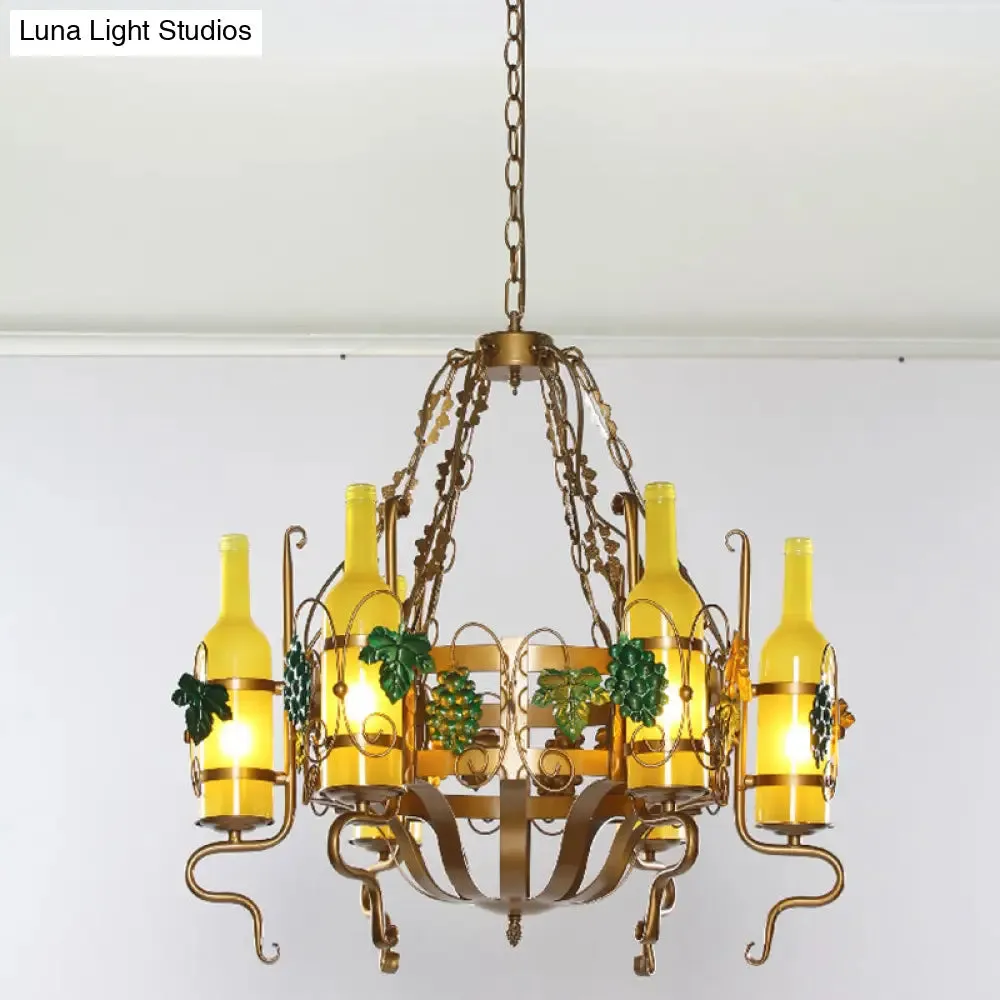 Bistro Chandelier Light - Industrial Yellow Glass - 6-Light - Antiqued Brass Pendant