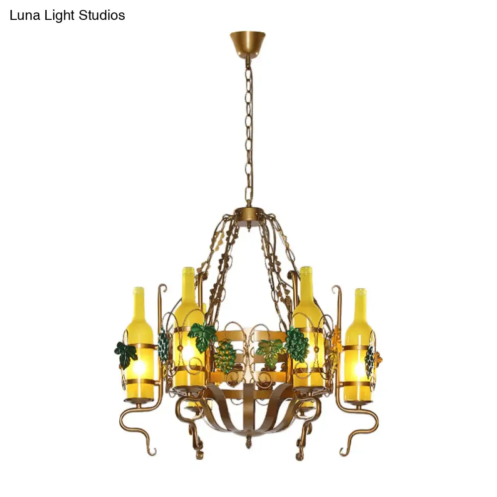 Bistro Chandelier Light - Industrial Yellow Glass - 6-Light - Antiqued Brass Pendant