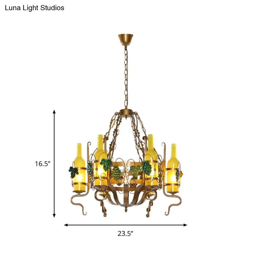 Bistro Chandelier Light - Industrial Yellow Glass - 6-Light - Antiqued Brass Pendant