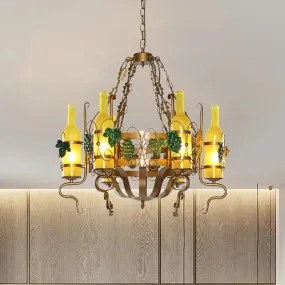 Bistro Chandelier Light - Industrial Yellow Glass - 6-Light - Antiqued Brass Pendant