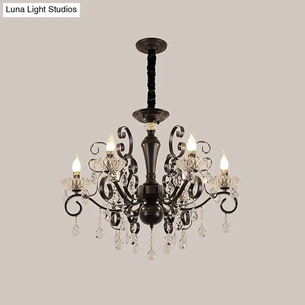 Black Chandelier with Crystal Strands - Metallic Candle Hanging Lamp Kit (6/8 Bulbs), Minimalistic Design