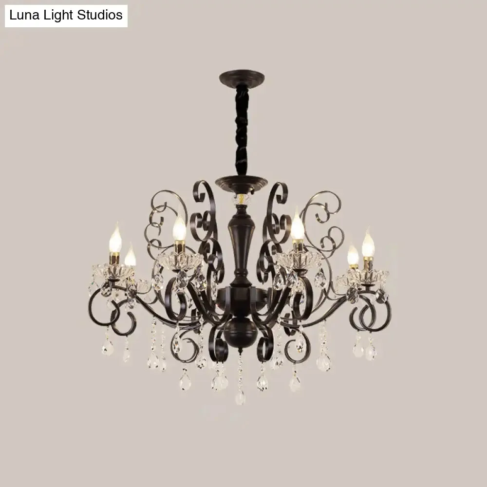 Black Chandelier with Crystal Strands - Metallic Candle Hanging Lamp Kit (6/8 Bulbs), Minimalistic Design