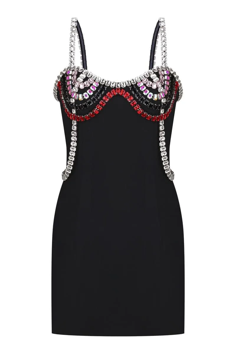 BLACK GEMSTONE EMBELLISHED MINI DRESS