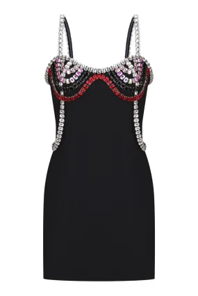 BLACK GEMSTONE EMBELLISHED MINI DRESS