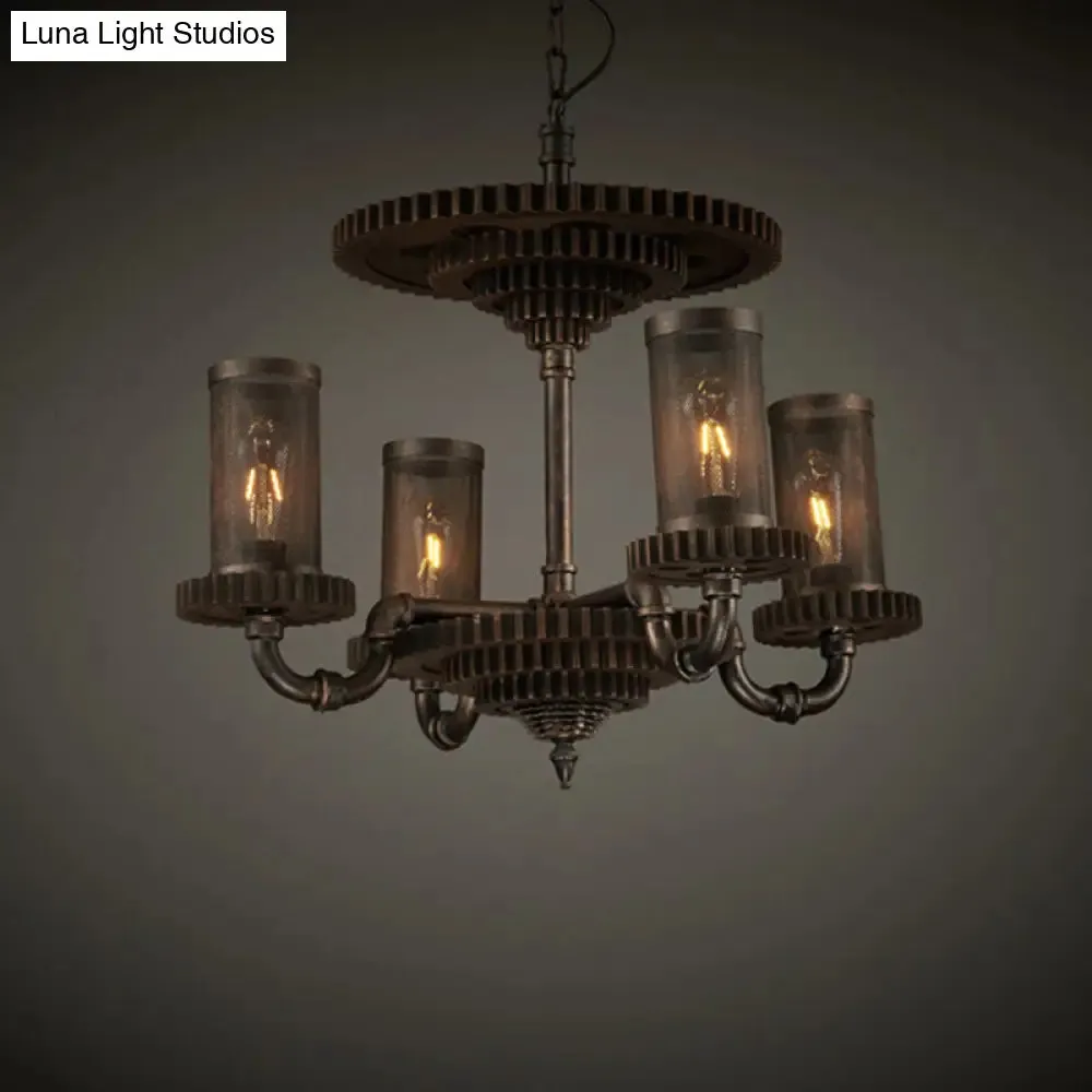 Black Metal Pendant Light Kit- Warehouse Cylinder Hanging Chandelier (4 Lights) with Gear Deco