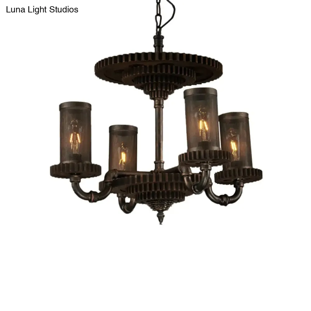 Black Metal Pendant Light Kit- Warehouse Cylinder Hanging Chandelier (4 Lights) with Gear Deco