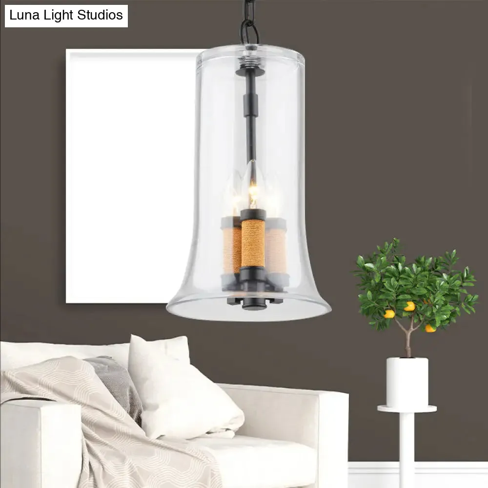 Black Round Glass Candle Chandeliers - 3-Light Industrial Lighting for Coffee Shop