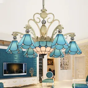 Blue Glass Conical Chandelier for Kitchen with 9/11 Lights