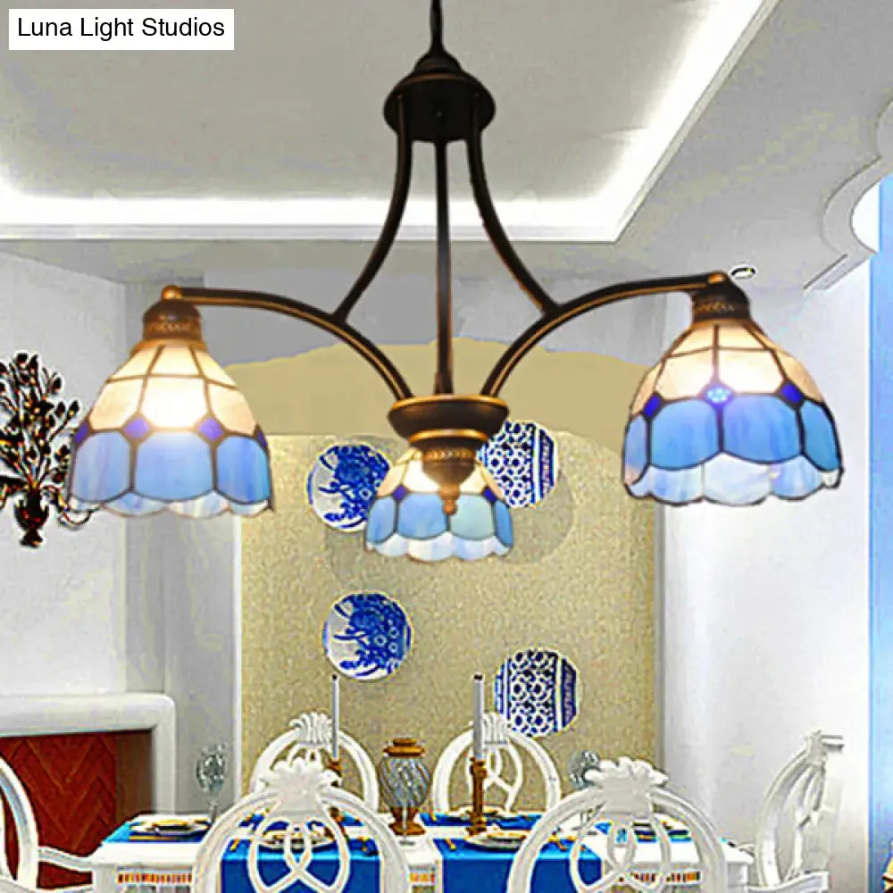 Blue Stained Glass Domed Chandelier Light - 3 Lights - Indoor Hanging Light for Dining Table