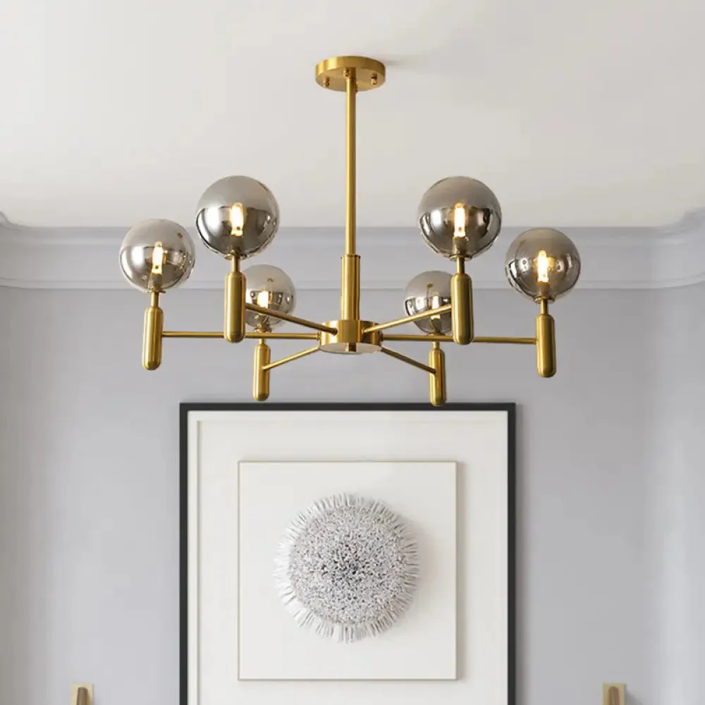 Brass Chandelier with Ball Glass Shade - Stylish Living Room Ceiling Pendant Light