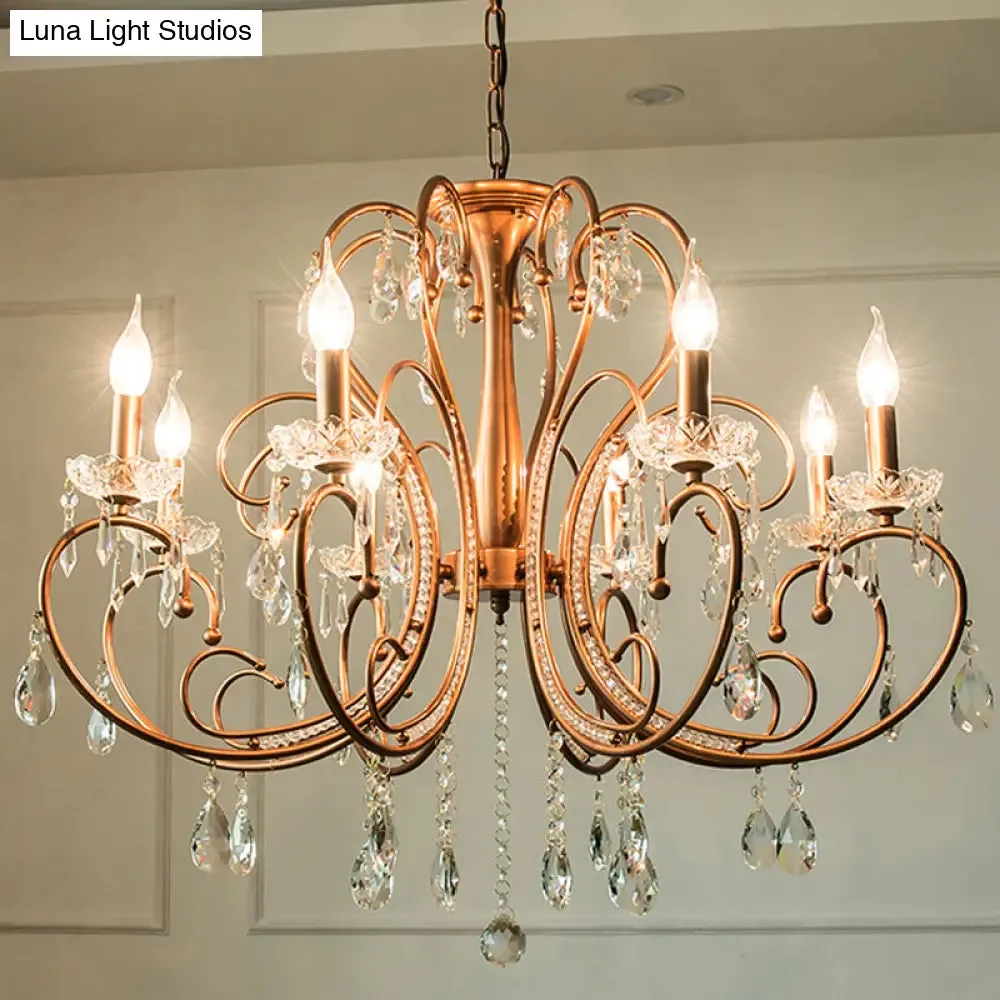 Brass Crystal Curvy Chandelier Lamp with Countryside Charm - 3/6/8 Lights