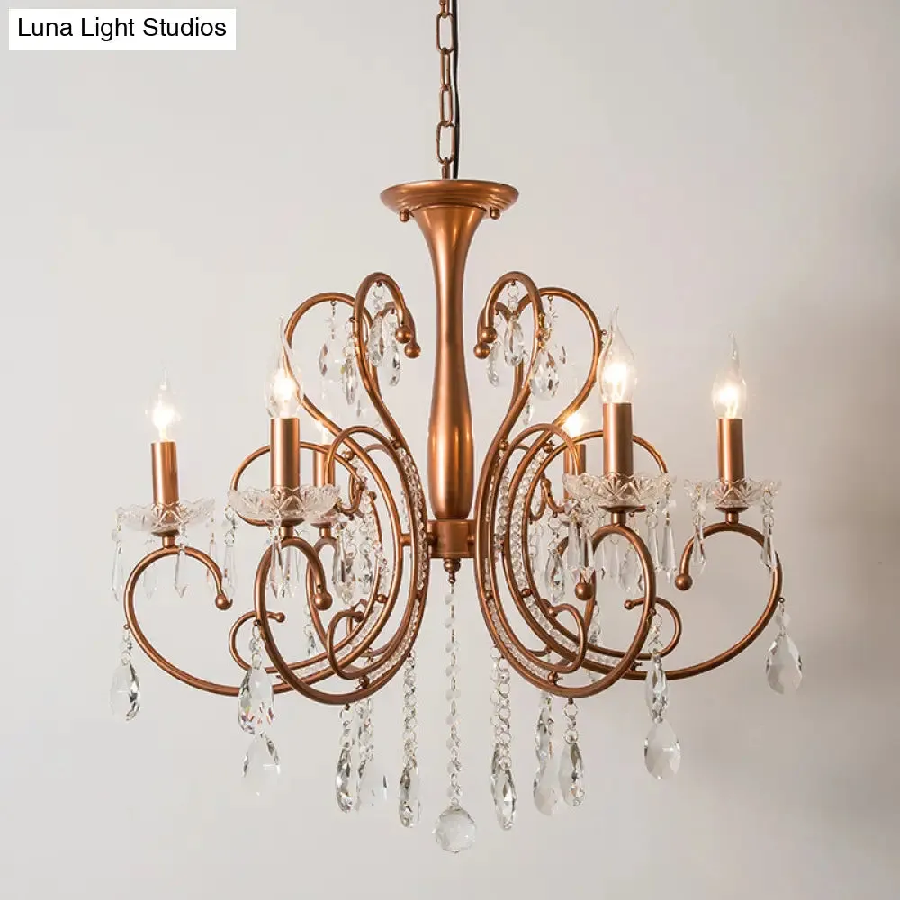 Brass Crystal Curvy Chandelier Lamp with Countryside Charm - 3/6/8 Lights